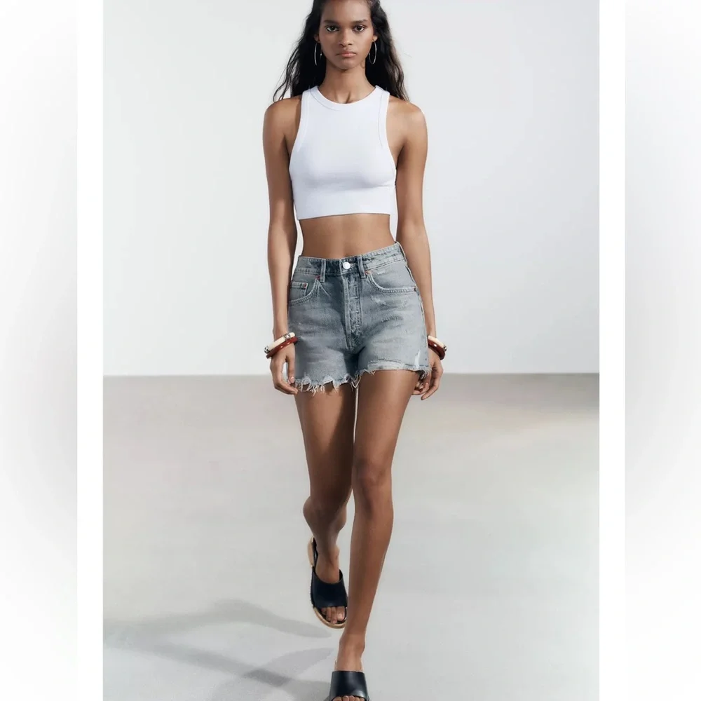 ZARA TRF RIPPED HIGH RISE DENIM SHORTS - Picture 2 of 10